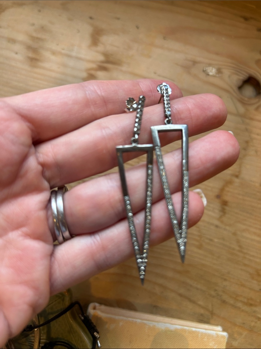 Geometric Triangle Drop Earrings with Diamond Dust